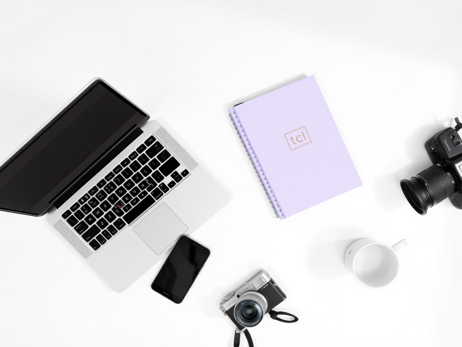Espacio de trabajo con laptop, cuaderno lavanda y cámara